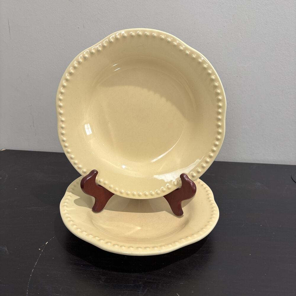 2 Pottery Barn EMMA Yellow Salad Bowl Plate Scalloped Beaded Edge ~ 8 7/8”